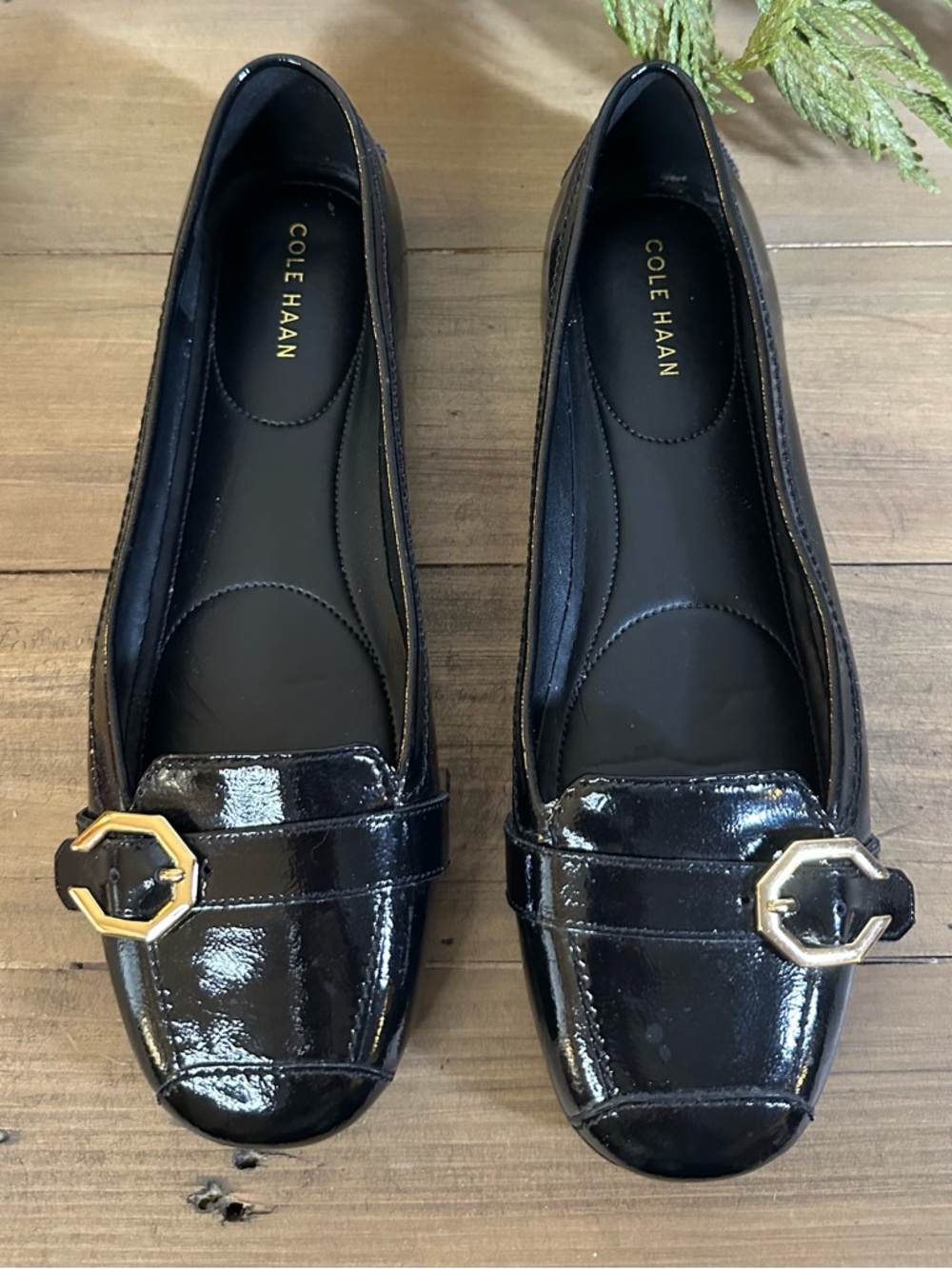 Cole Haan Demi Driver Black Patent Loafers with Gold Hex Buckle